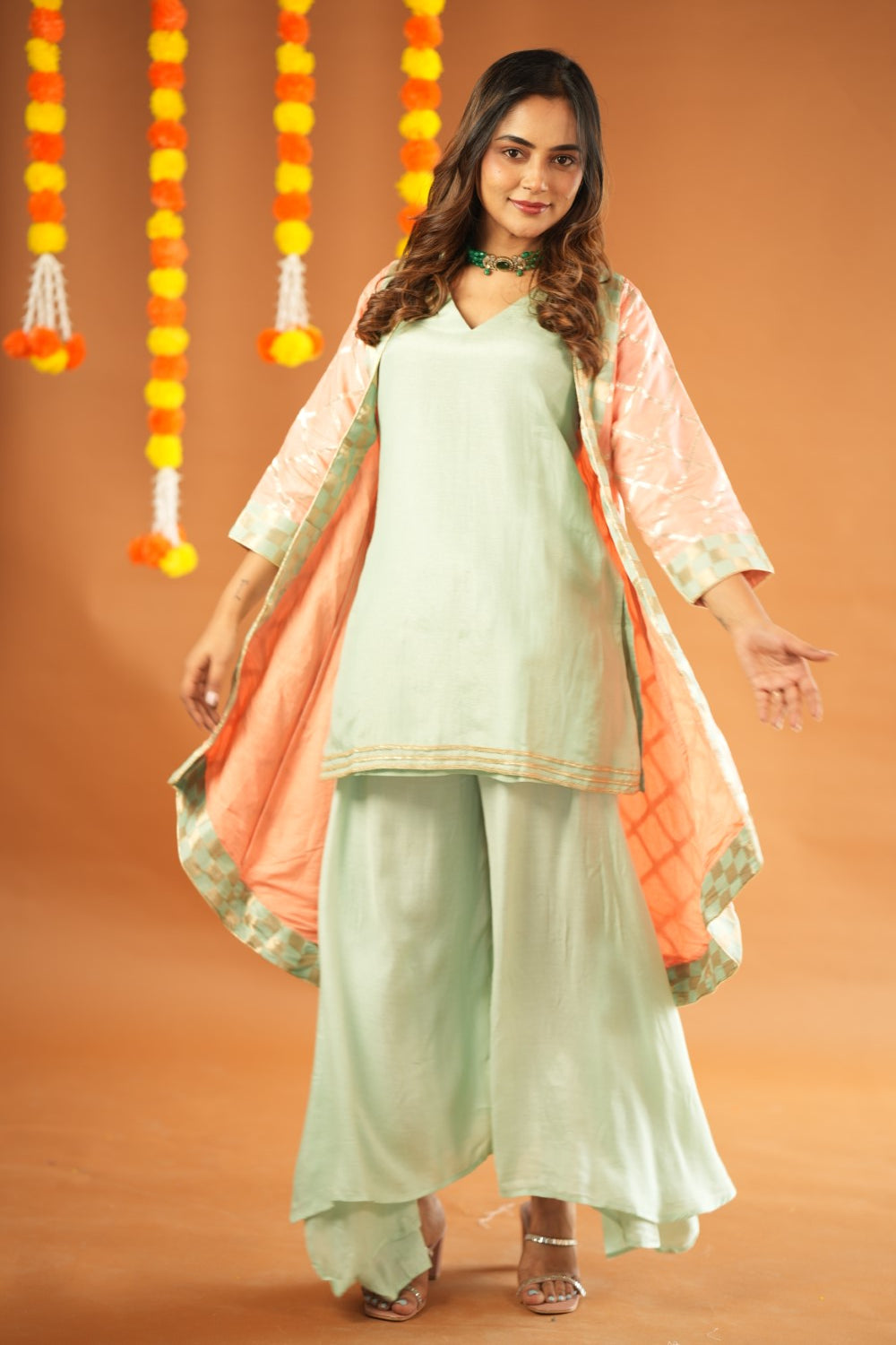 PEACH & AQUA KURTA WITH PALAZZO & JACKET