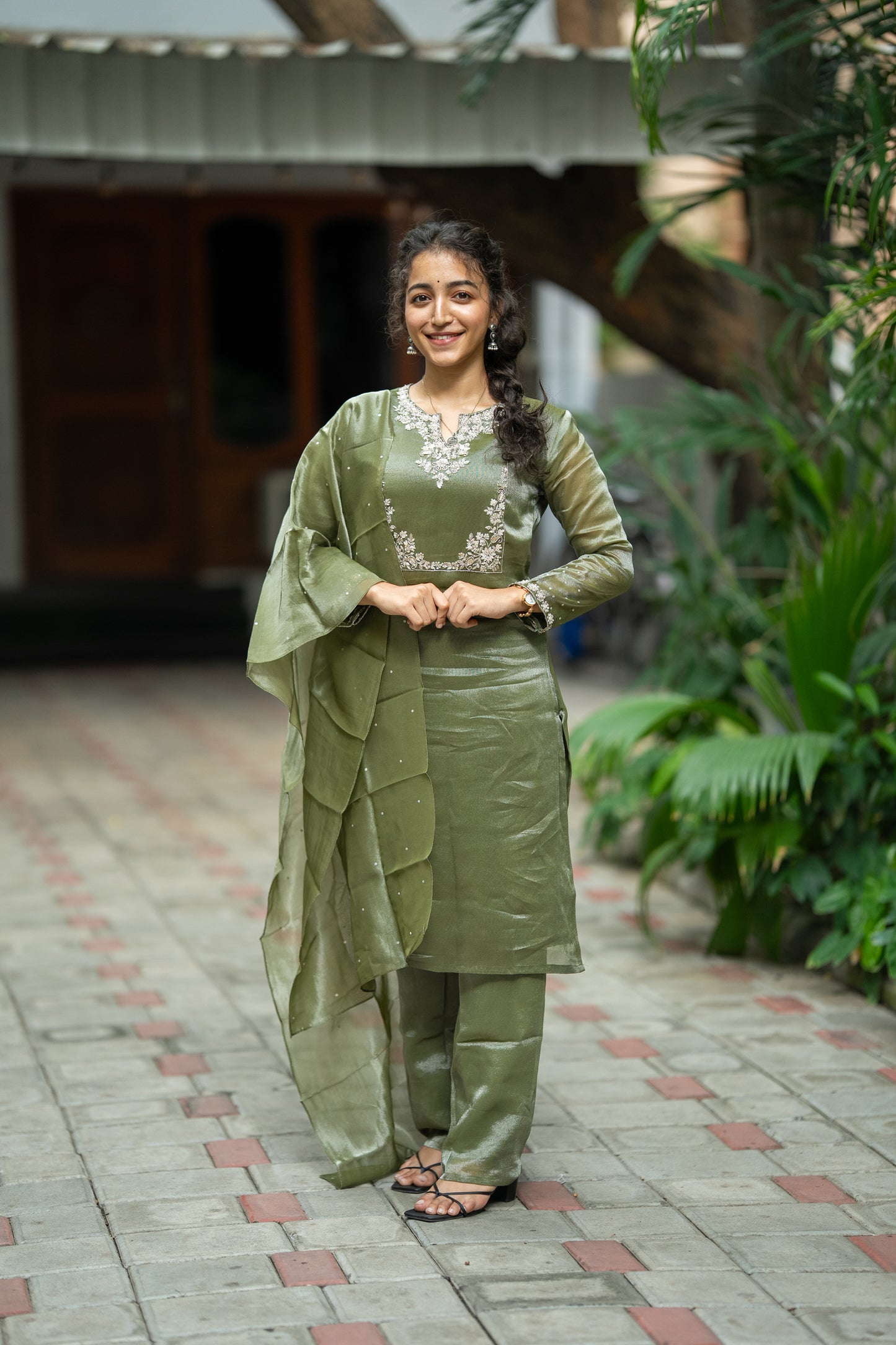 GREEN THADKA TISSUE SILK KURTI SET