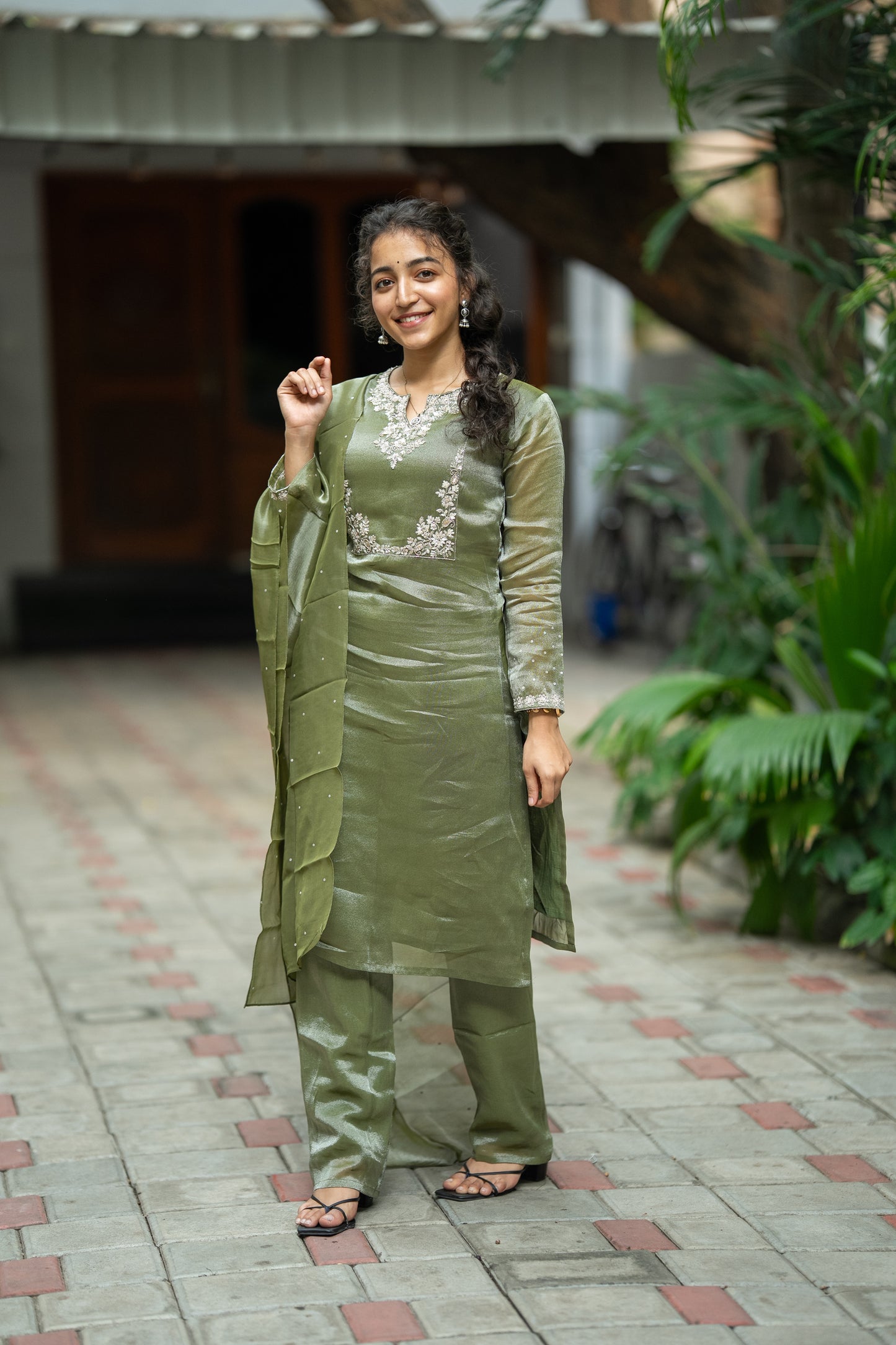 GREEN THADKA TISSUE SILK KURTI SET