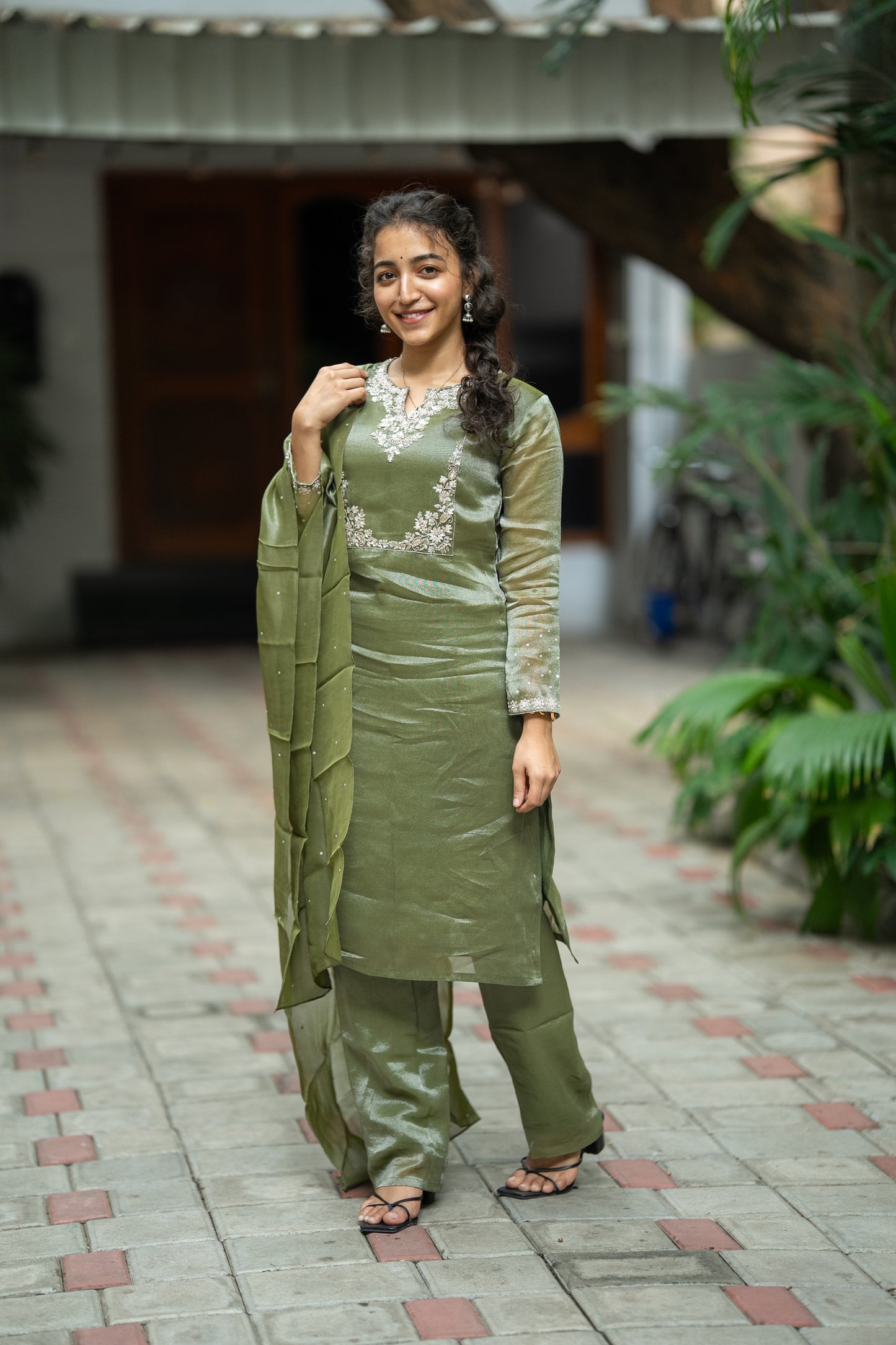 GREEN THADKA TISSUE SILK KURTI SET
