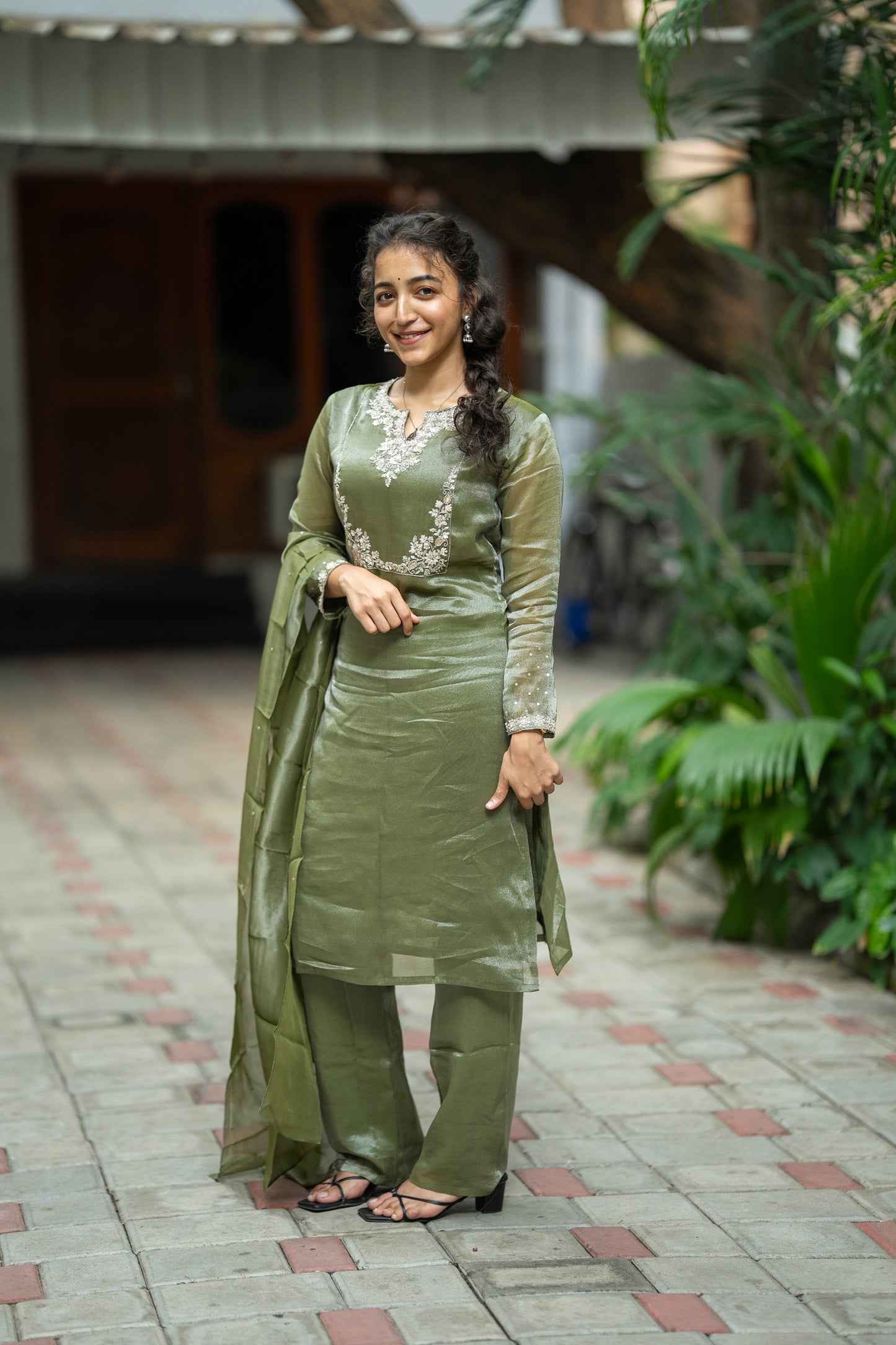 GREEN THADKA TISSUE SILK KURTI SET