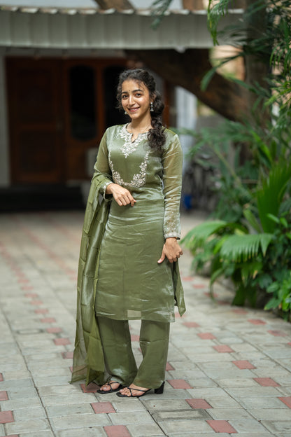 GREEN THADKA TISSUE SILK KURTI SET