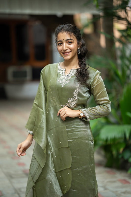 GREEN THADKA TISSUE SILK KURTI SET