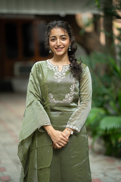 GREEN THADKA TISSUE SILK KURTI SET