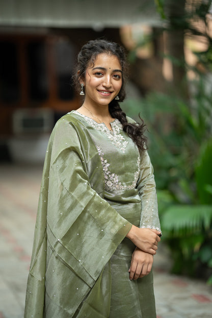 GREEN THADKA TISSUE SILK KURTI SET