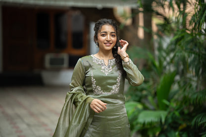GREEN THADKA TISSUE SILK KURTI SET