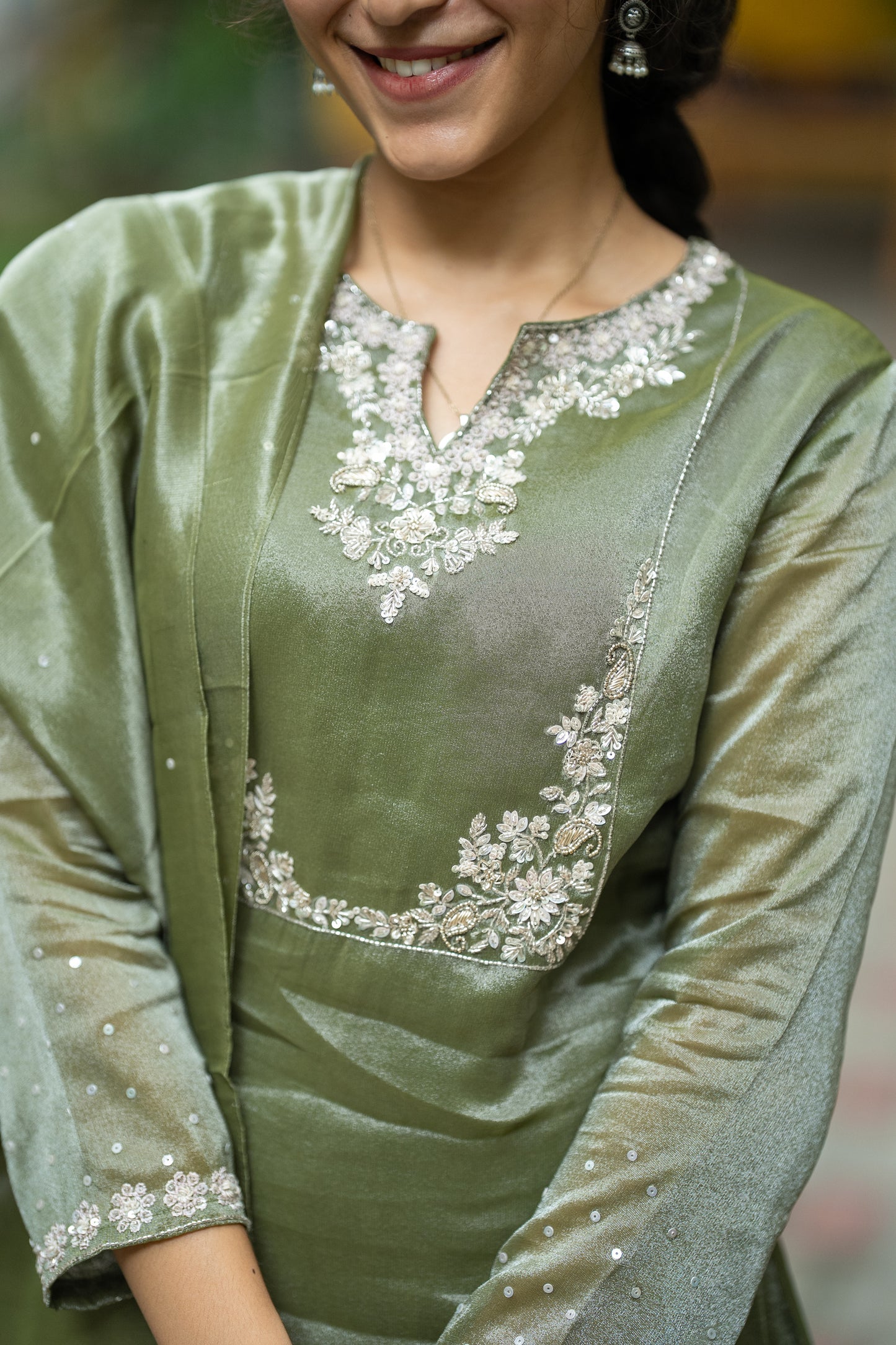 GREEN THADKA TISSUE SILK KURTI SET