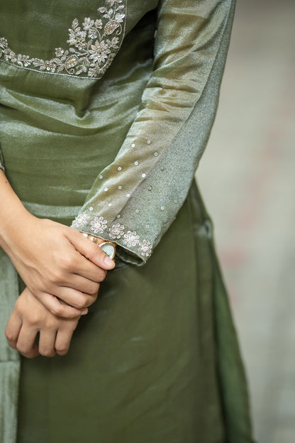 GREEN THADKA TISSUE SILK KURTI SET