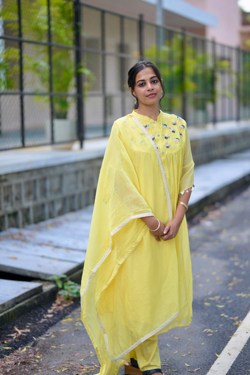 MUL CHANDERI YELLOW SUIT SET