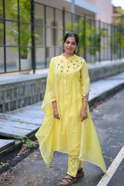 MUL CHANDERI YELLOW SUIT SET