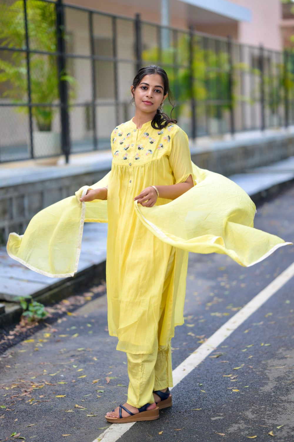 MUL CHANDERI YELLOW SUIT SET