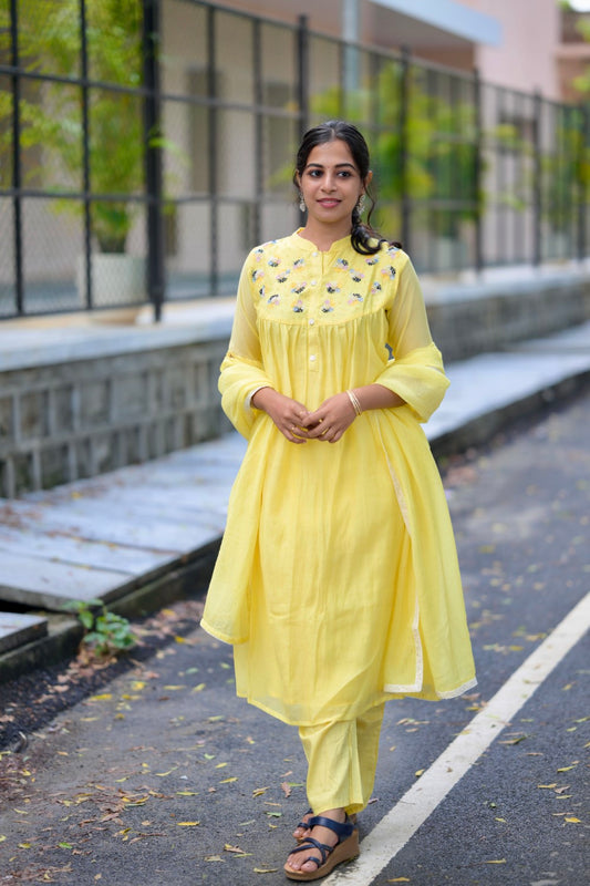 MUL CHANDERI YELLOW SUIT SET