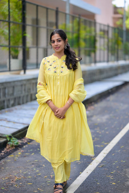 MUL CHANDERI YELLOW SUIT SET