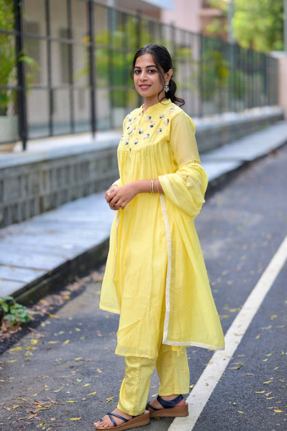 MUL CHANDERI YELLOW SUIT SET