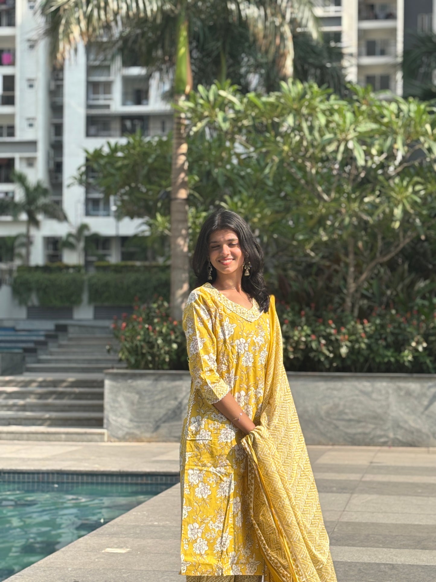 Sunlit Yellow Floral Cotton Kurti Set