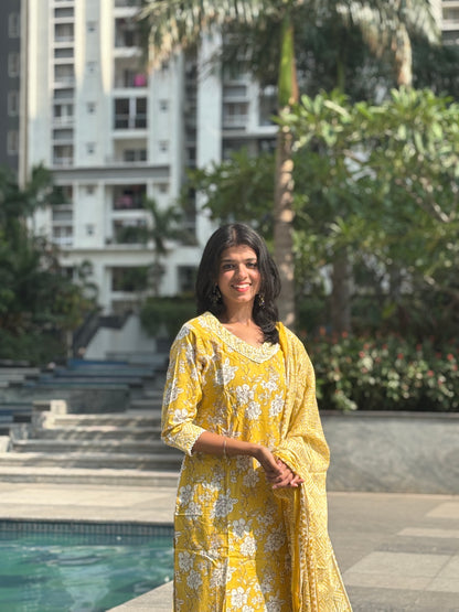 Sunlit Yellow Floral Cotton Kurti Set