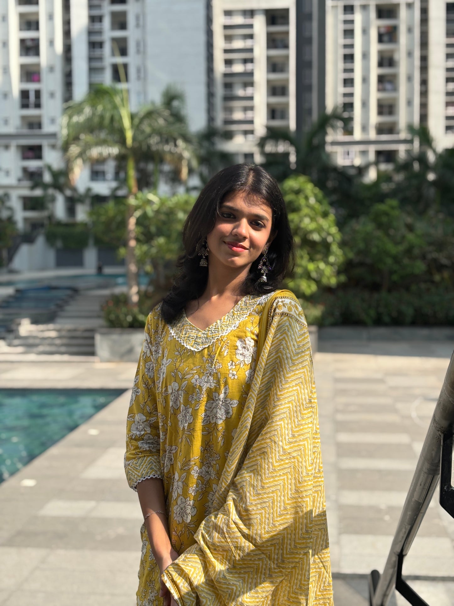 Sunlit Yellow Floral Cotton Kurti Set