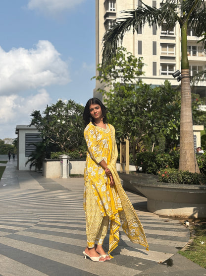 Sunlit Yellow Floral Cotton Kurti Set