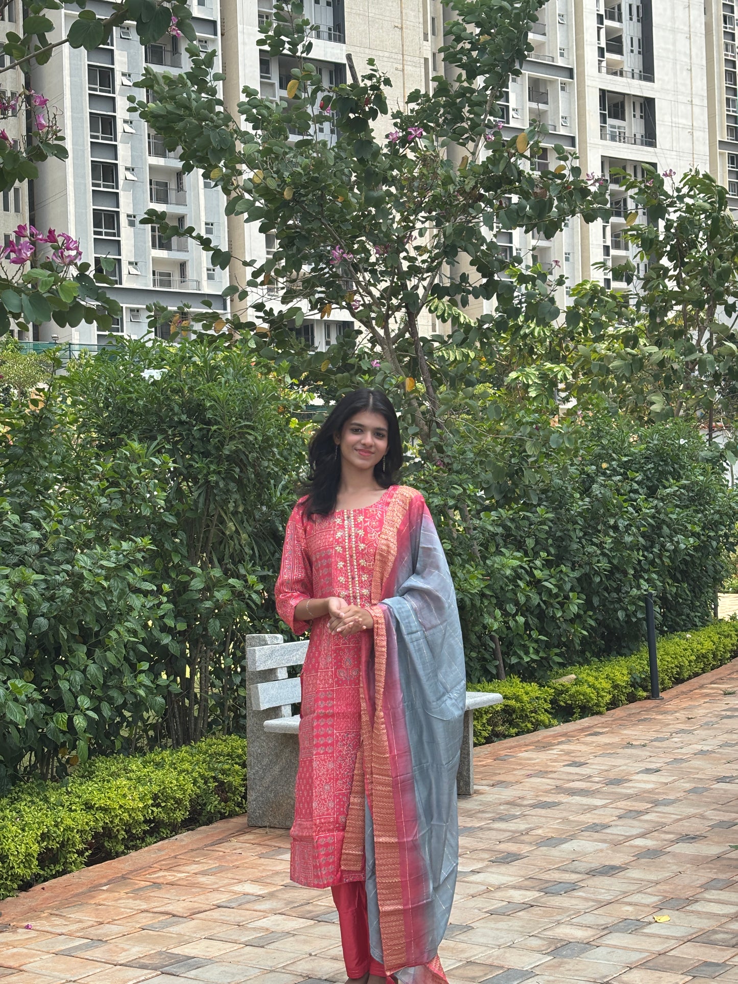 Pink Cotton Kurti Set with Dual-Tone Silk Dupatta