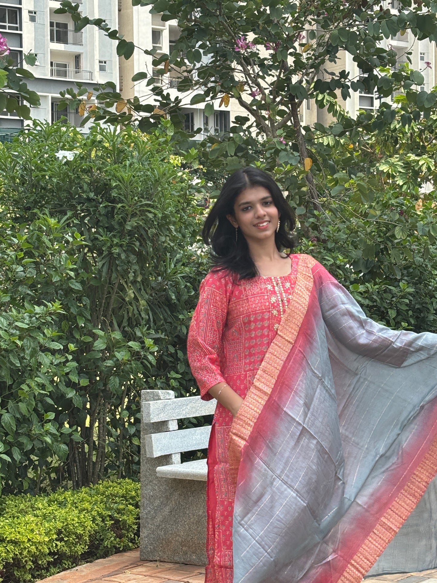 Pink Cotton Kurti Set with Dual-Tone Silk Dupatta