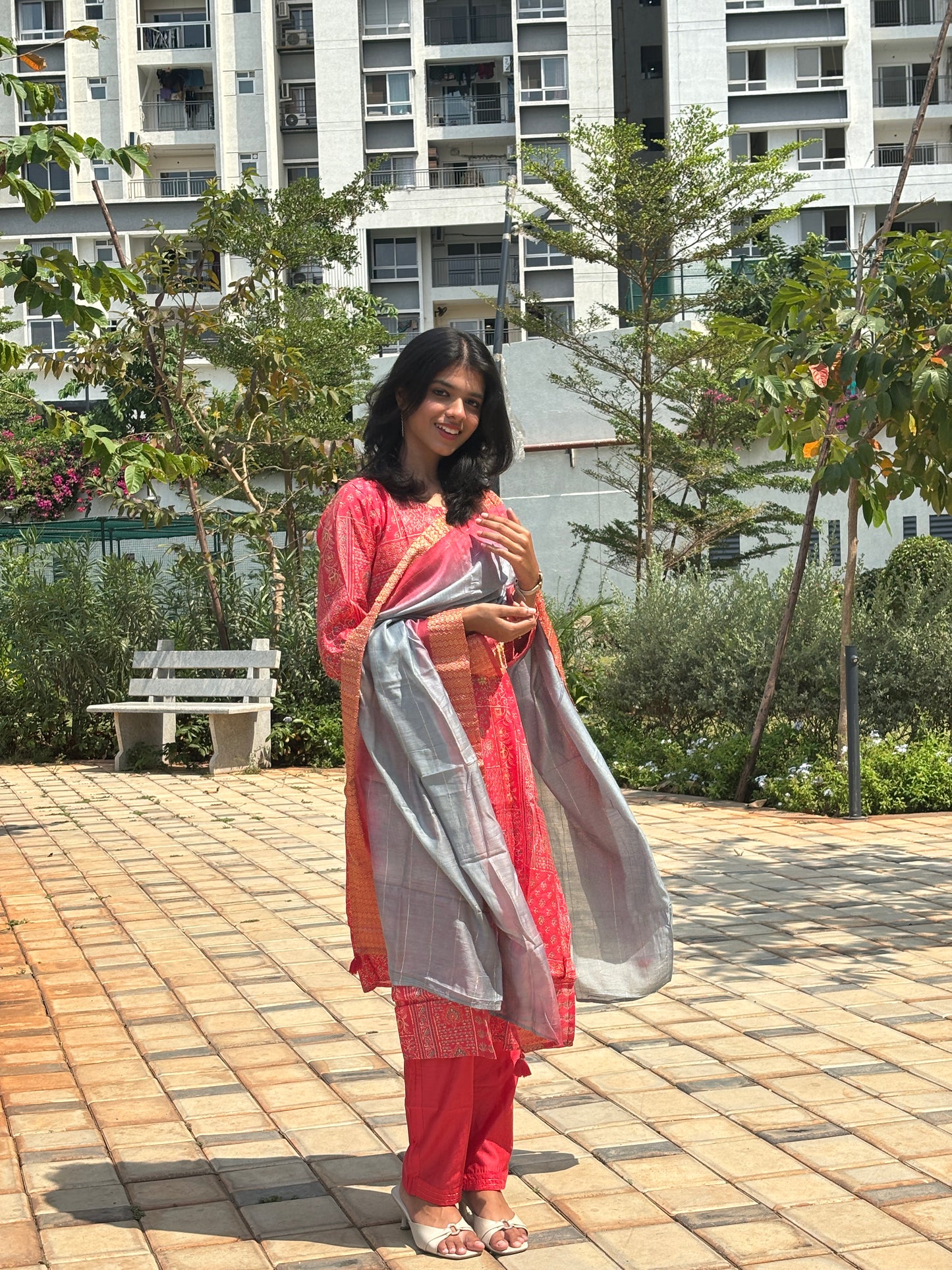Pink Cotton Kurti Set with Dual-Tone Silk Dupatta