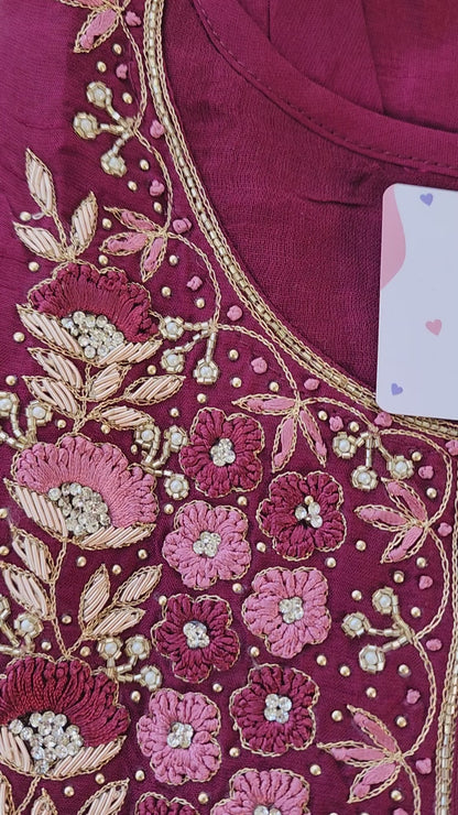 MAROON NECK WORK DOLA SILK SUIT