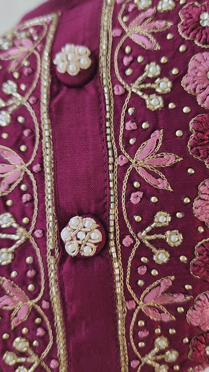 MAROON NECK WORK DOLA SILK SUIT