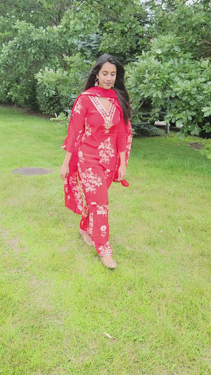 RED FLORAL CREPE SUIT