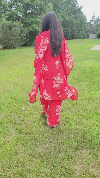 RED FLORAL CREPE SUIT