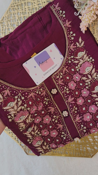 MAROON NECK WORK DOLA SILK SUIT