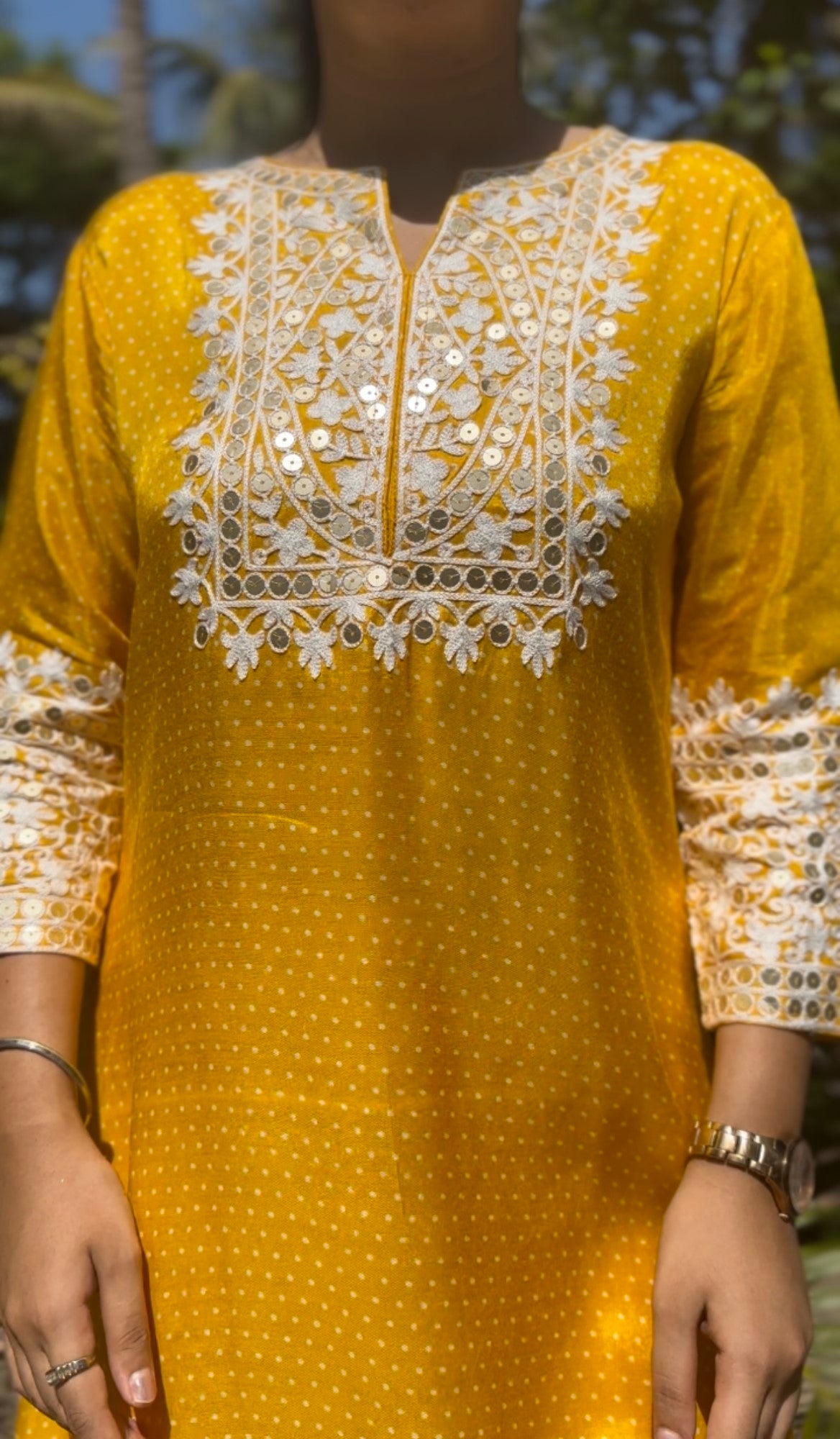 YELLOW THREAD WORK 2PC SUIT