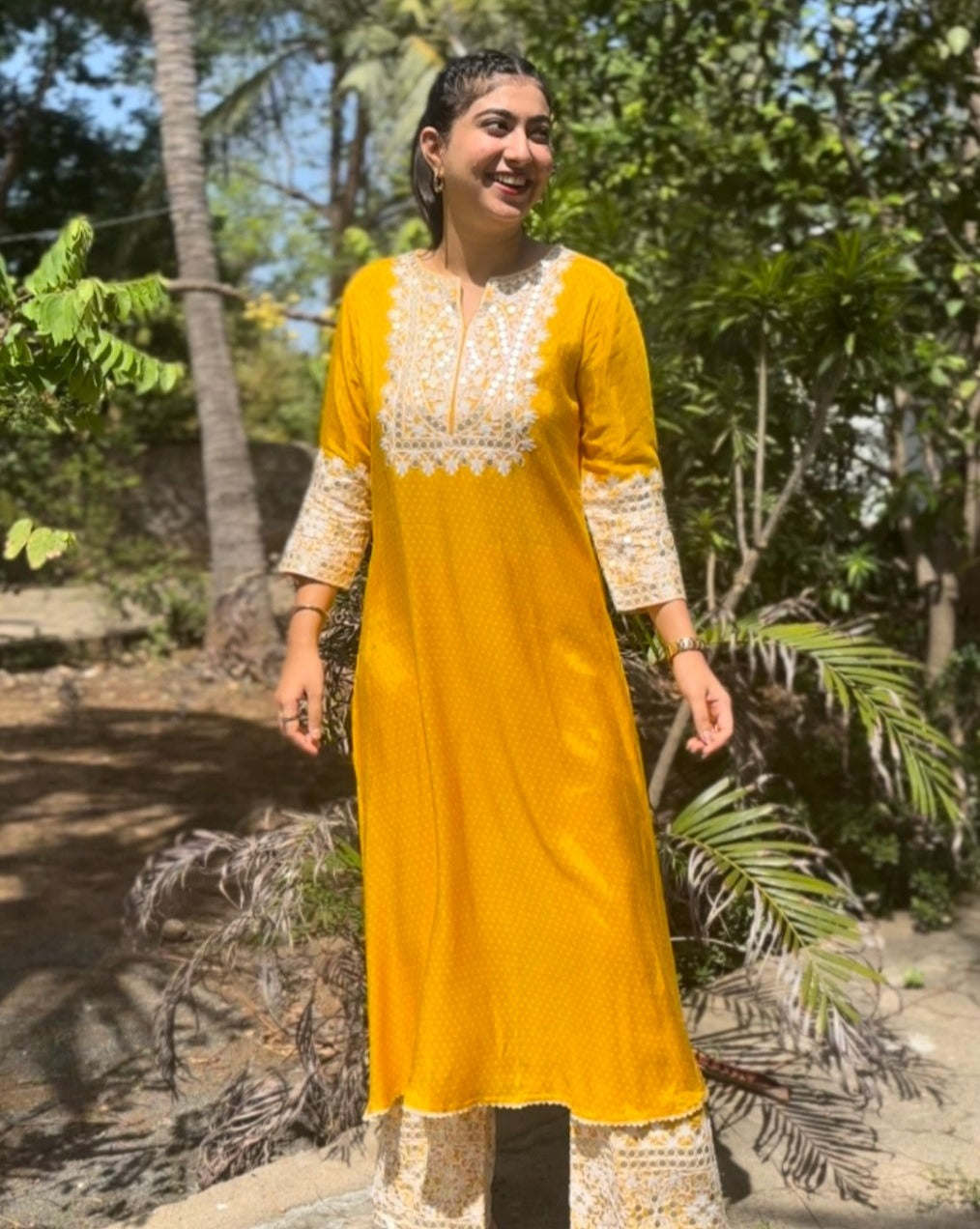 YELLOW THREAD WORK 2PC SUIT