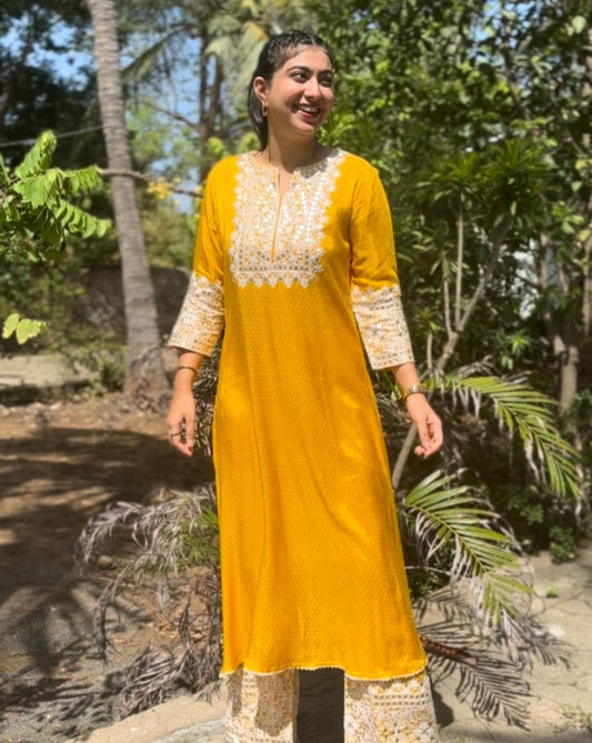 YELLOW THREAD WORK 2PC SUIT