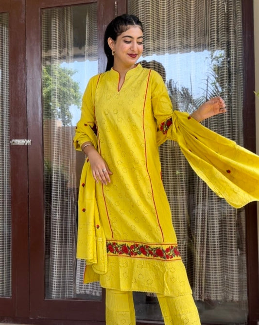 YELLOW SCHIFFLI COTTON SUIT