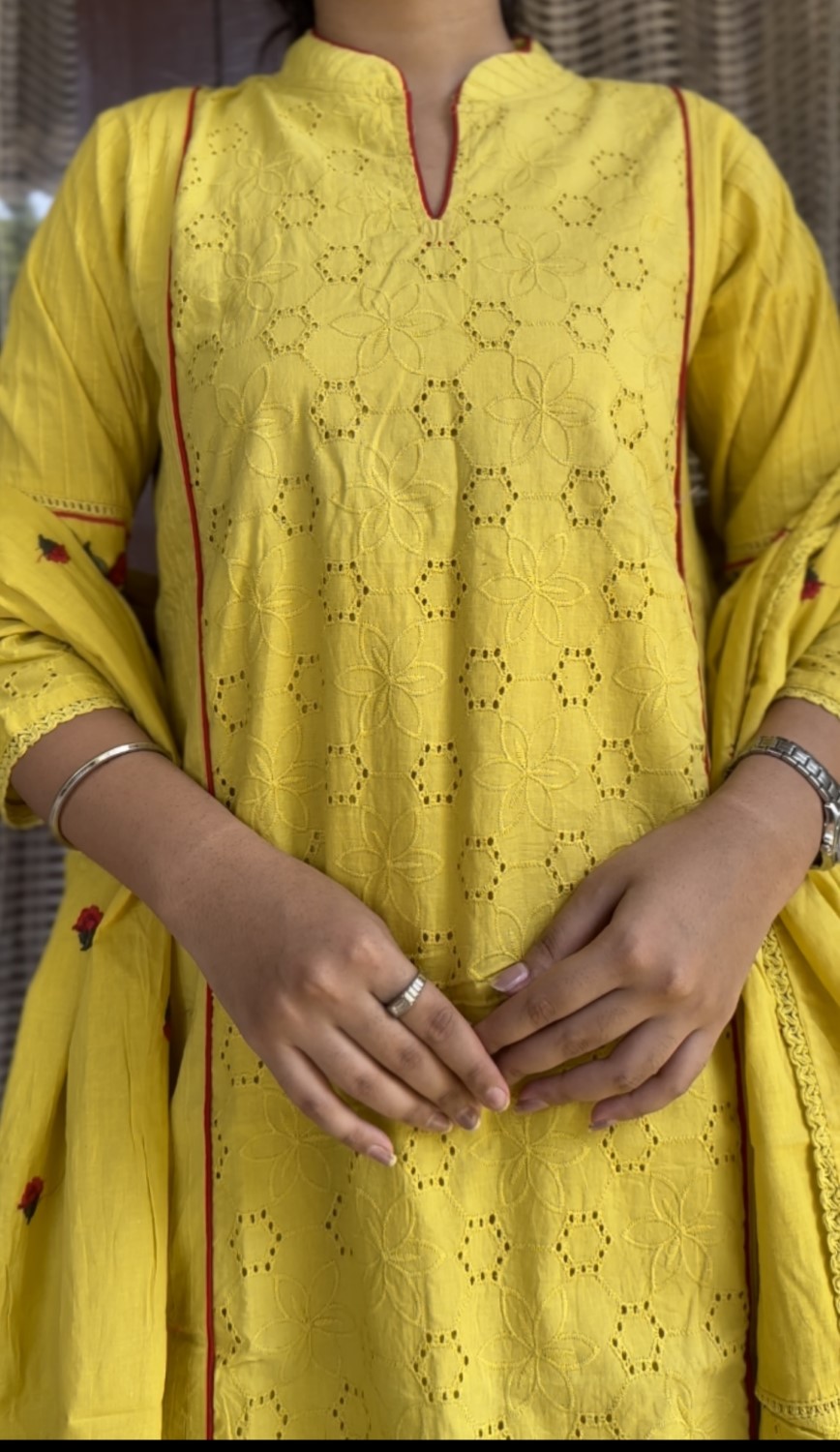 YELLOW SCHIFFLI COTTON SUIT