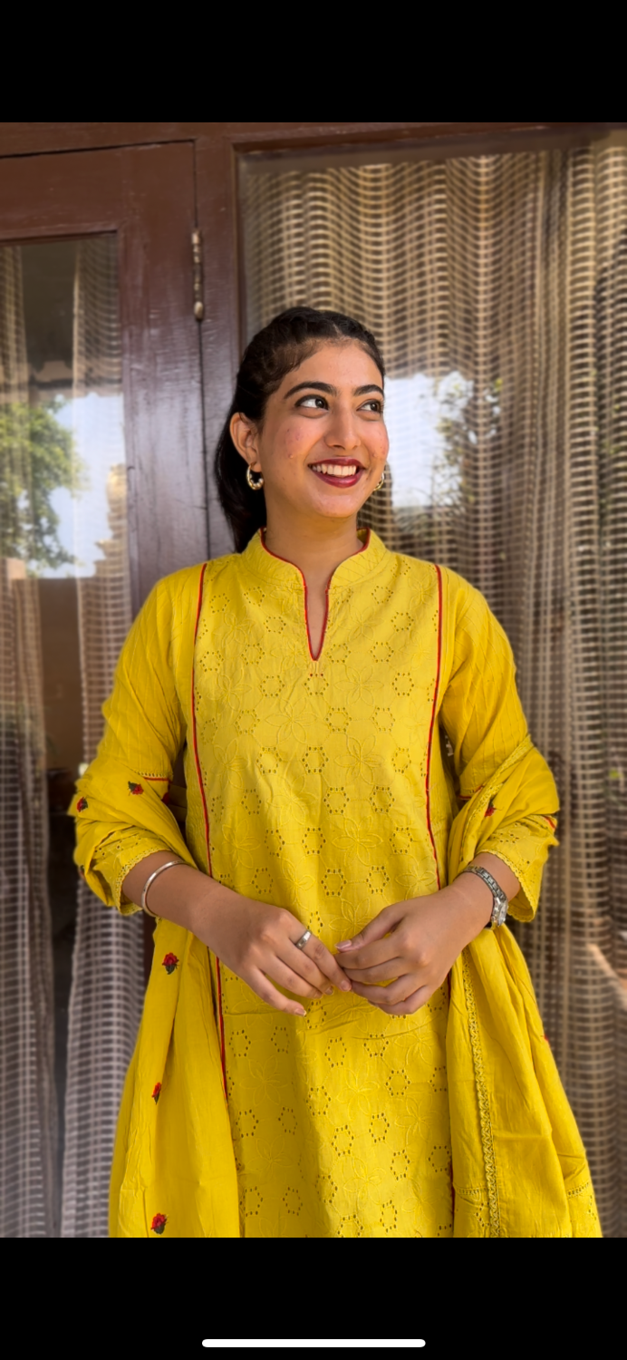 YELLOW SCHIFFLI COTTON SUIT